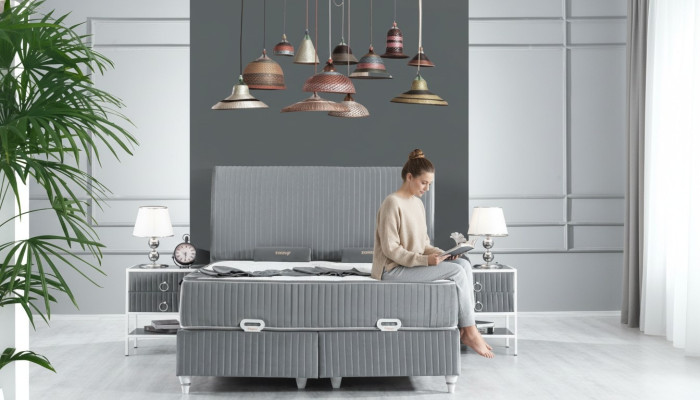 Slaapkamer set Grijs Metaal Bed Boxspring Design 2x Nachtkastjes Nieuw 3-delig.