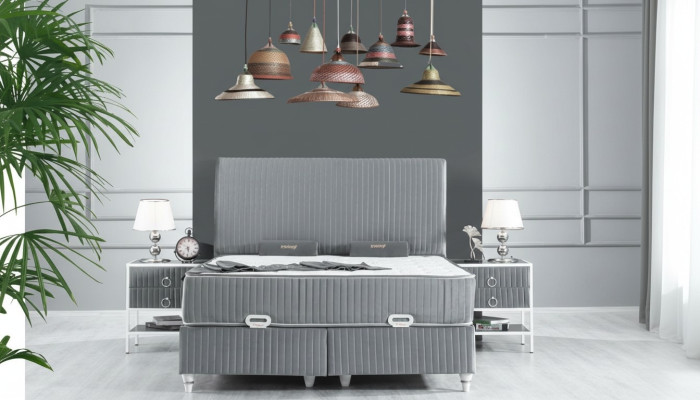 Slaapkamer set Grijs Metaal Bed Boxspring Design 2x Nachtkastjes Nieuw 3-delig.