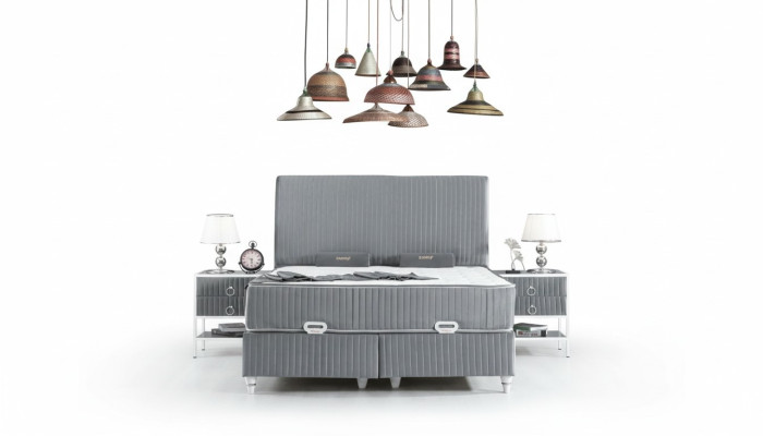 Slaapkamer set Grijs Metaal Bed Boxspring Design 2x Nachtkastjes Nieuw 3-delig.