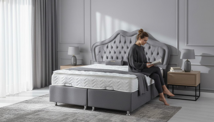 Bed Grijs Tweepersoonsbed Boxspring Bedden Stijl Stof Chesterfield 160x200