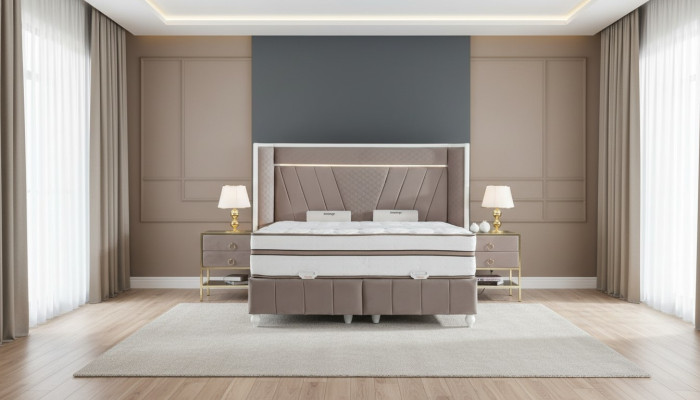 Luxe slaapkamer set Beige Bed 2x Nachtkastje Bedmeubels LED 3-delig