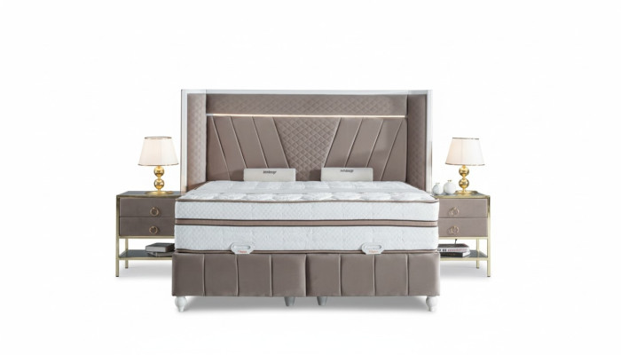 Luxe slaapkamer set Beige Bed 2x Nachtkastje Bedmeubels LED 3-delig