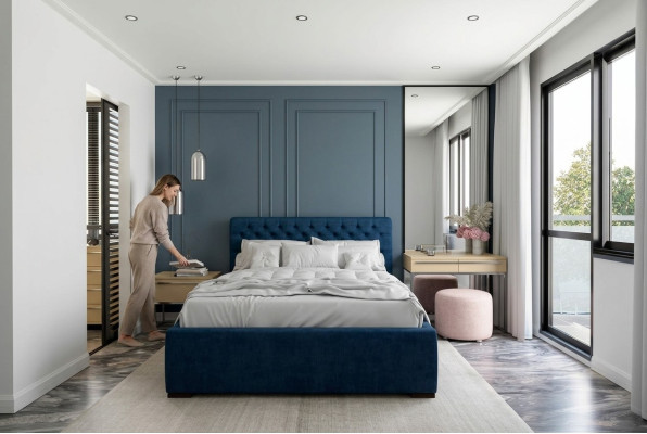 Bed Blauw Modern Design Stof Bekleding Slaapkamer Tweepersoonsbed Hout Elegant Nieuw