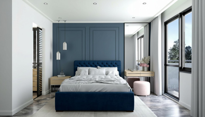 Bed Blauw Modern Design Stof Bekleding Slaapkamer Tweepersoonsbed Hout Elegant Nieuw