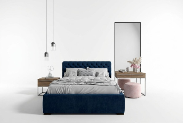 Bed Blauw Modern Design Stof Bekleding Slaapkamer Tweepersoonsbed Hout Elegant Nieuw