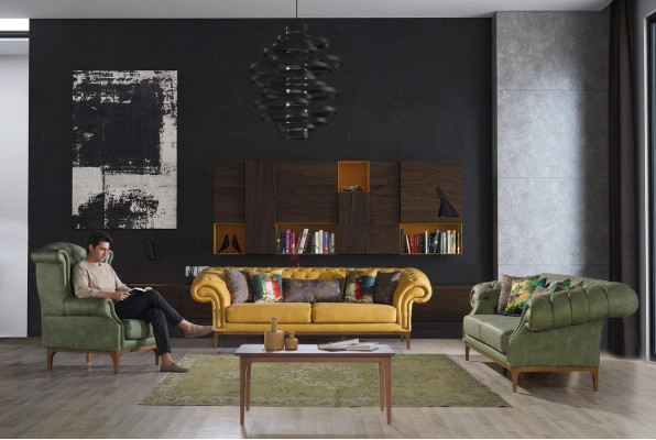 Groen-gele bankstel designer driezits luxe fauteuil 3+3+1 set.