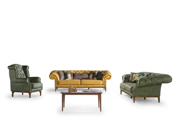Groen-gele bankstel designer driezits luxe fauteuil 3+3+1 set.