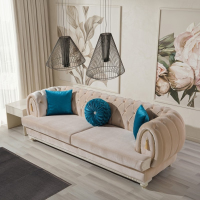 Beige Chesterfield gestoffeerde bank Designer driezits stoffen bankstellen 3-zits