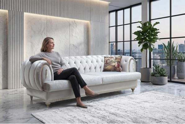 Witte Chesterfield driezits Moderne sofa Stijlvolle woonkamer bank