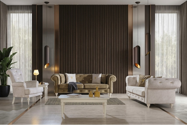 Stijlvolle woonkamerbankstel met driezitter, tweezitter, luxe fauteuil en bank.