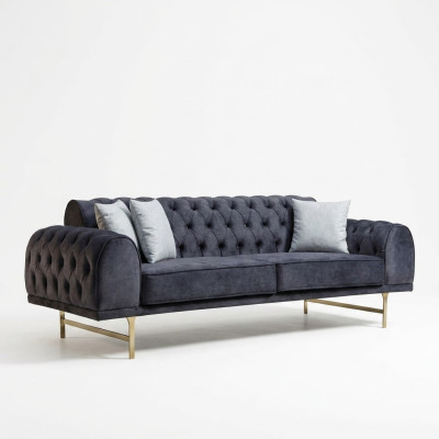 Blauwe driezits luxe bankstel voor de woonkamer met 3-zitter gestoffeerde banken.