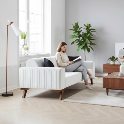 Moderne gestoffeerde bank van drie zitsbank meubels wit fluweel textiel