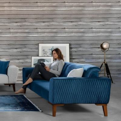 Blau bankstel driezitter bank elegant zitmeubilair woonkamer fluweel