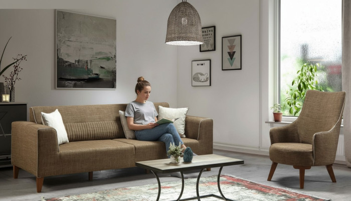 Sofaset 3+1 zitplaatsen gestoffeerde bank gestoffeerde meubels bruine stof