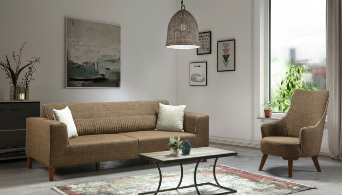 Sofaset 3+1 zitplaatsen gestoffeerde bank gestoffeerde meubels bruine stof