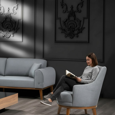 Fauteuil van 1 zitplaats voor in de woonkamer, houten frame met textielbekleding.