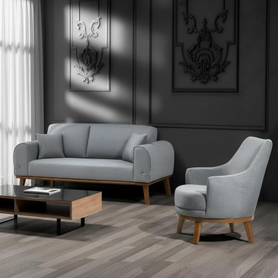 Fauteuil van 1 zitplaats voor in de woonkamer, houten frame met textielbekleding.