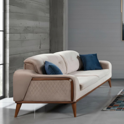 Beige bankstel woonkamer driezits zitkussen bank meubels fluweel hout
