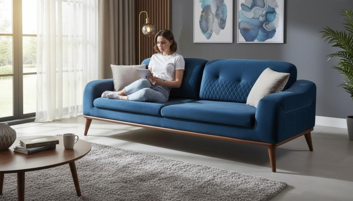 Blauwe bank driezitsbank woonkamer zitkussens meubels fluweel hout