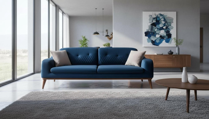 Blauwe bank driezitsbank woonkamer zitkussens meubels fluweel hout