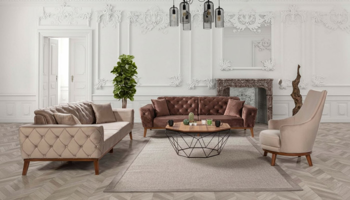 Bankstel Bank 3+3+1 zit Bruin Fauteuil Stof Chesterfield Velours