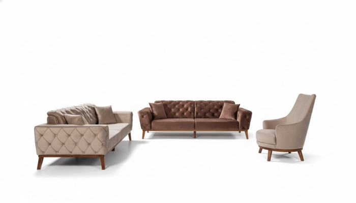Bankstel Bank 3+3+1 zit Bruin Fauteuil Stof Chesterfield Velours