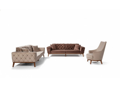Bankstel Bank 3+3+1 zit Bruin Fauteuil Stof Chesterfield Velours
