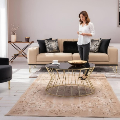 Moderne bank 3-zits woonkamer bank design meubels metaal beige bekleding