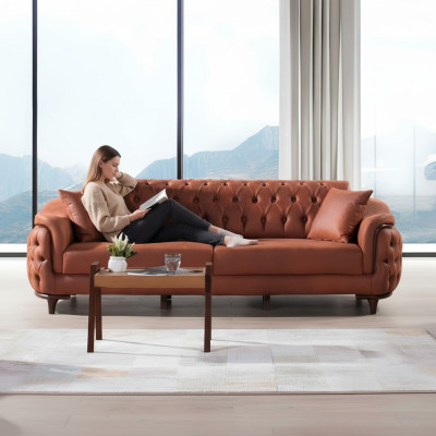 Oranje Chesterfield bank Driezitsbank Meubels Fluweel Hout Zitkussen