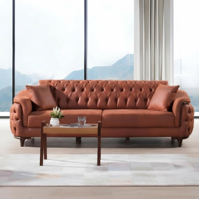 Oranje Chesterfield bank Driezitsbank Meubels Fluweel Hout Zitkussen
