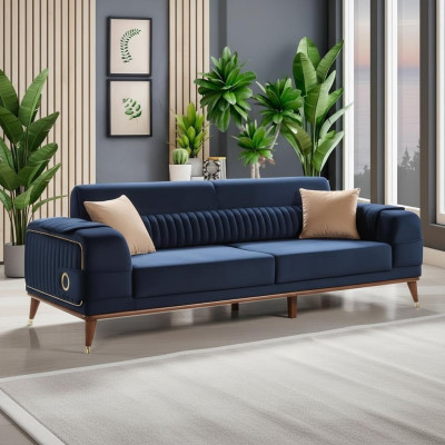 Luxe blauwe bankstel Driezits ontwerpbanken Meubels Stof Textiel Fluweel