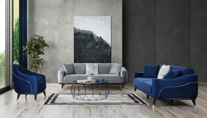 Bankstel 3+3+1 zits banken gestoffeerde banken hout grijs blauw fluweel