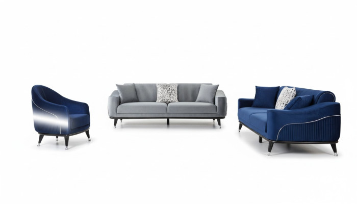 Bankstel 3+3+1 zits banken gestoffeerde banken hout grijs blauw fluweel