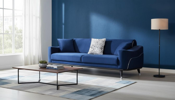 Blauw design bankstel driezits luxe bank fluweel meubelstof textiel
