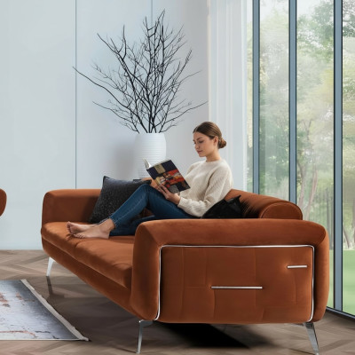 Oranje Design Bank Bank Fluweel Driezits Luxe Meubel Stof Textiel