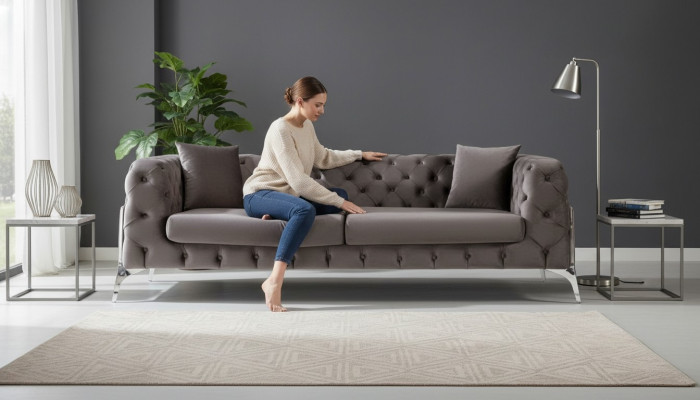 Chesterfield grijze bank 3-zits woonkamer banken textiel bekleding