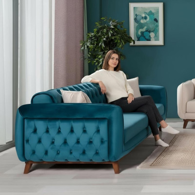 Designbank 3-zits bank Driepersoonsbekleding Stof Turkoois Zitkussen