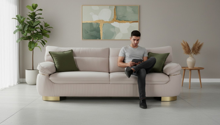 Driesitsbank 3-zitsbank bank van stof bank meubels modern fluweel zacht beige