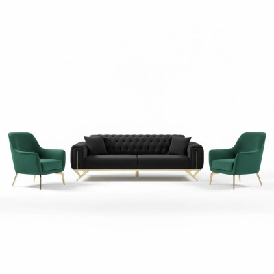 Zwarte Chesterfield bankstel met drie zitplaatsen, gestoffeerde bank van fluweel met hout