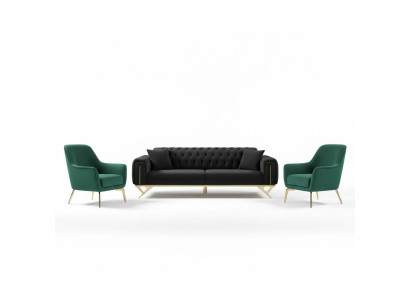 Zwarte Chesterfield bankstel met drie zitplaatsen, gestoffeerde bank van fluweel met hout