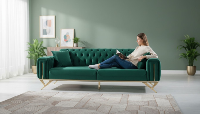 Groene Chesterfield bank driezitter zitbank meubels fluweel hout
