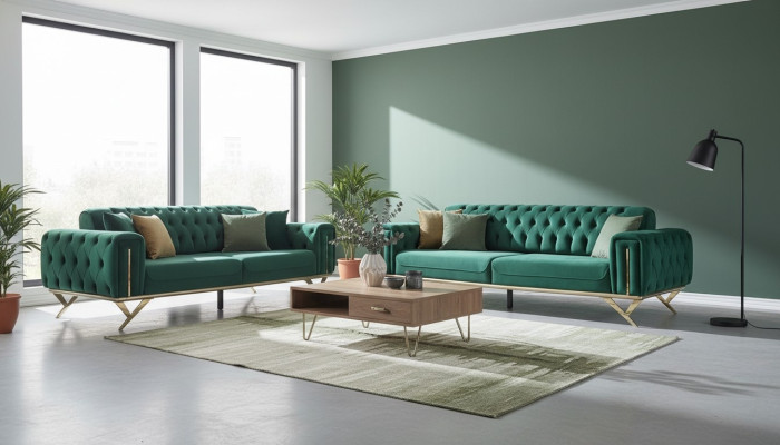 Groene Chesterfield bank driezitter zitbank meubels fluweel hout
