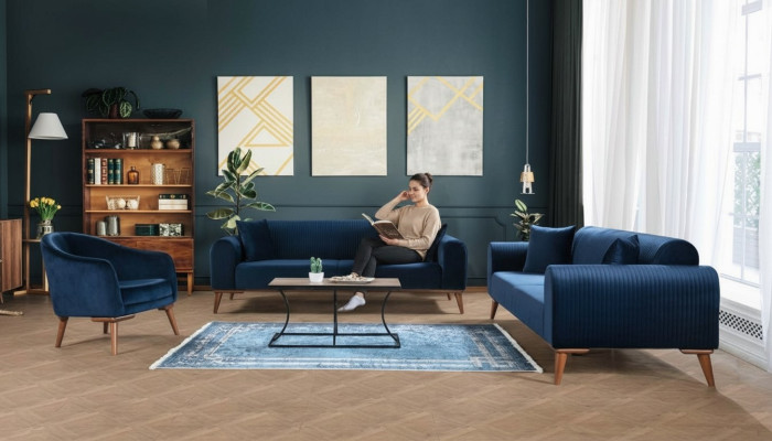 Bankstel 3+3+1 zits Bank fauteuil Koninklijk Blauwe bank Fluweel 3-delig