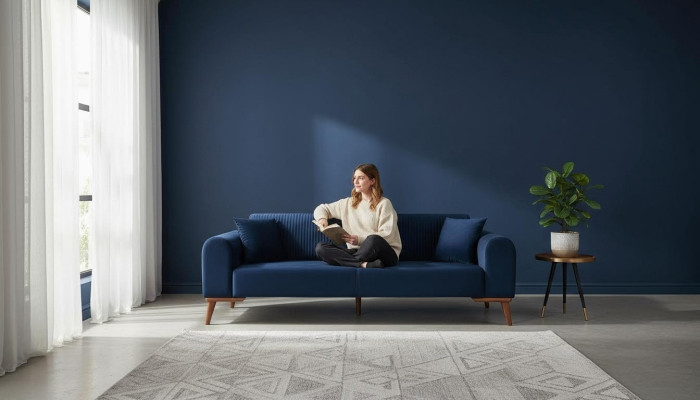 Elegante blauwe driezitsbank bank woonkamer zitmeubelen fluweel