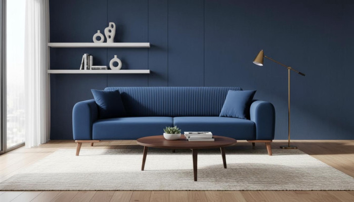Elegante blauwe driezitsbank bank woonkamer zitmeubelen fluweel