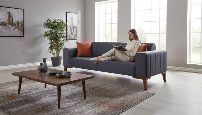 Grijze driezitsbank Elegante bank Zitmeubilair Woonkamer Fluweel