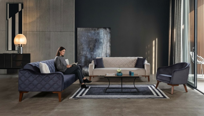 Woonkamer bankstel Bankstel 3+3+1 Blauwe bekleding Set Stoel Textiel Woonkamer bankstel Bankstel 3+3+1 Blauwe stoffering Set Stoel Textiel
