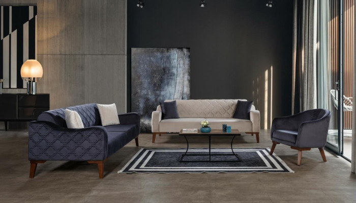 Woonkamer bankstel Bankstel 3+3+1 Blauwe bekleding Set Stoel Textiel Woonkamer bankstel Bankstel 3+3+1 Blauwe stoffering Set Stoel Textiel