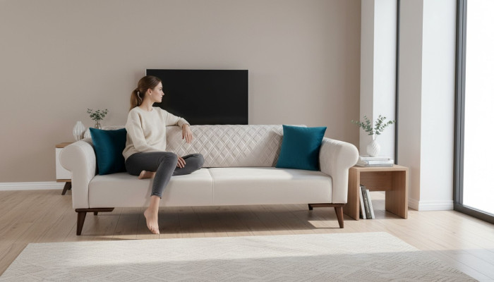 Beige driepersoonsbank Elegant bankstel Woonkamer Fluweel