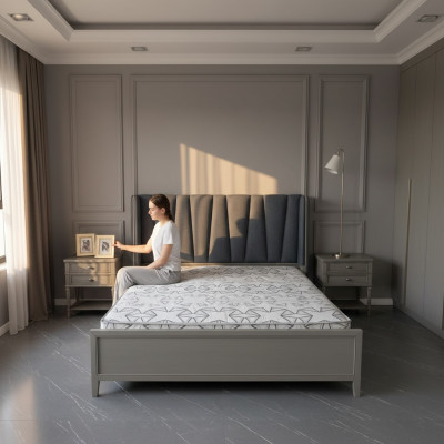 Ontwerp slaapkamer 3-delig. Bed 2x nachtkastjes Beddenset Hout Nachtkastje Grijs